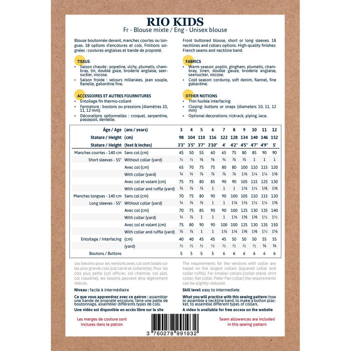 Children's blouse sewing pattern in paper format